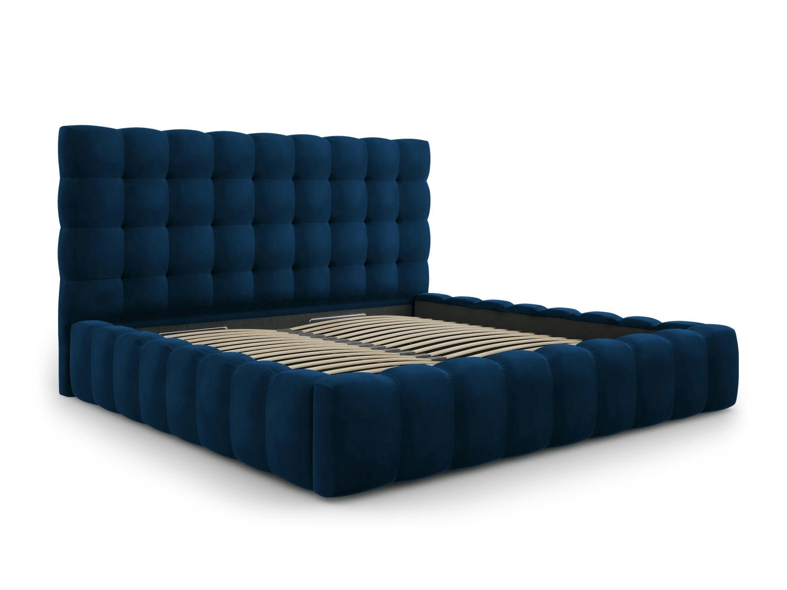 MAMAIA - Lit coffre en avec tête de lit 200x200cm en tissu velours bleu roi