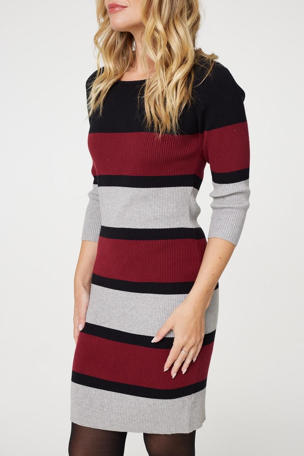 Izabel London Striped 3/4 Sleeve Knit Bodycon Short Dress