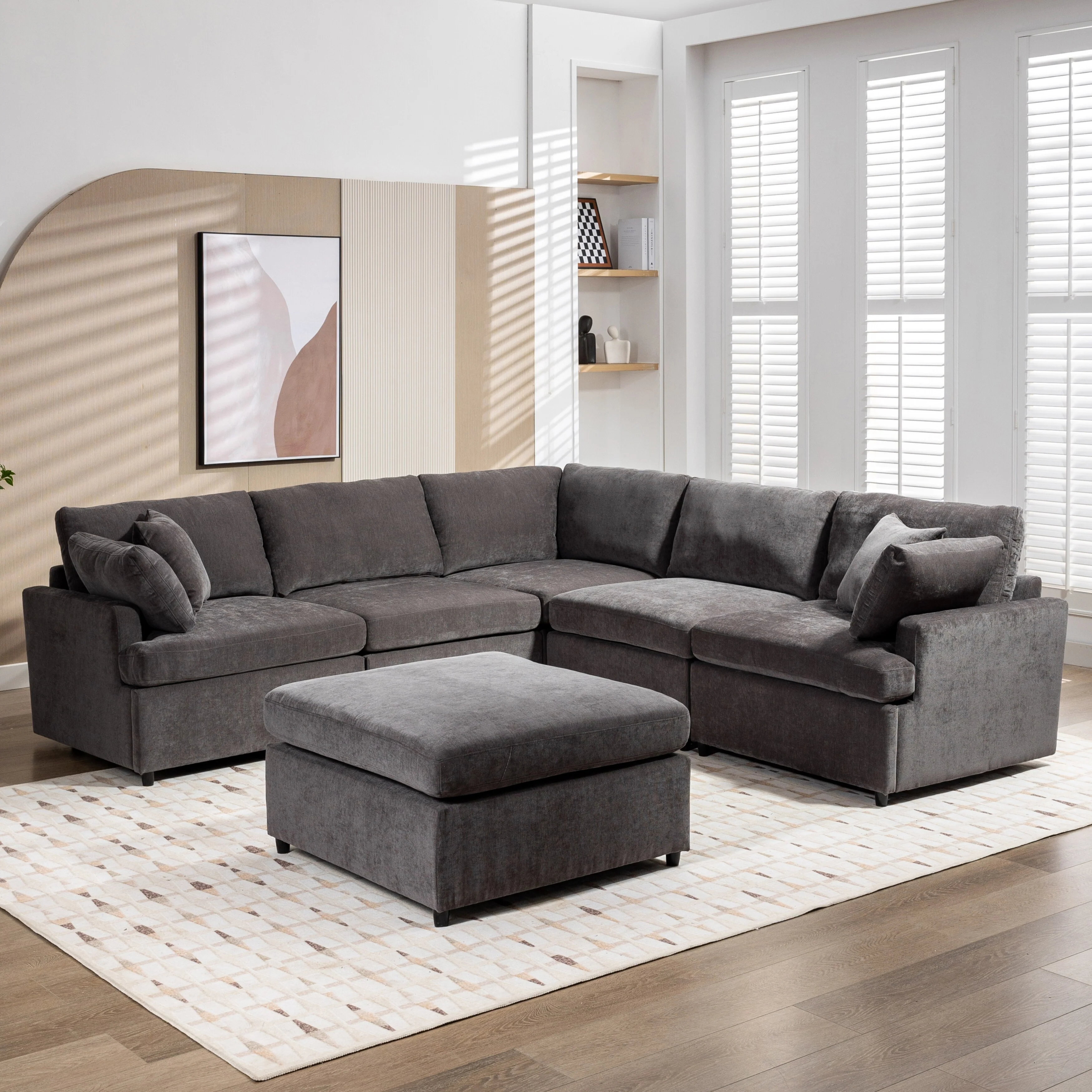 Grey 100.4'' U-Shaped 6-Seat Sectional Sofa with Removable Ottomans and Pillows, Easy-Clean Cushions for Living Room
