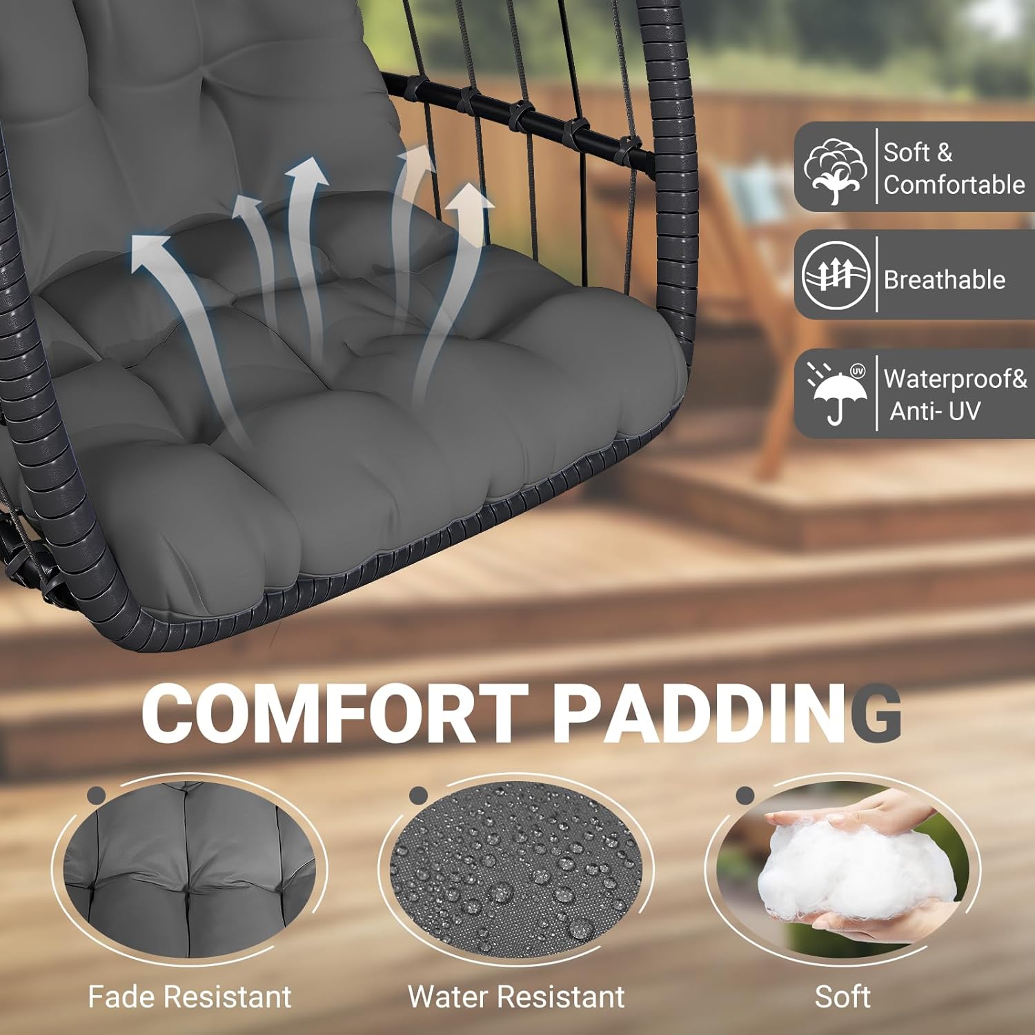 LEVELEVE Egg Chair with Stand,Patio Rattan Wicker Hanging Swing Egg Chair Hammock Chair for Bedroom Porch Garden,Thickened Aluminum Alloy Steel Frame and UV Resistant Cushion,350LBS Capacity(Grey)