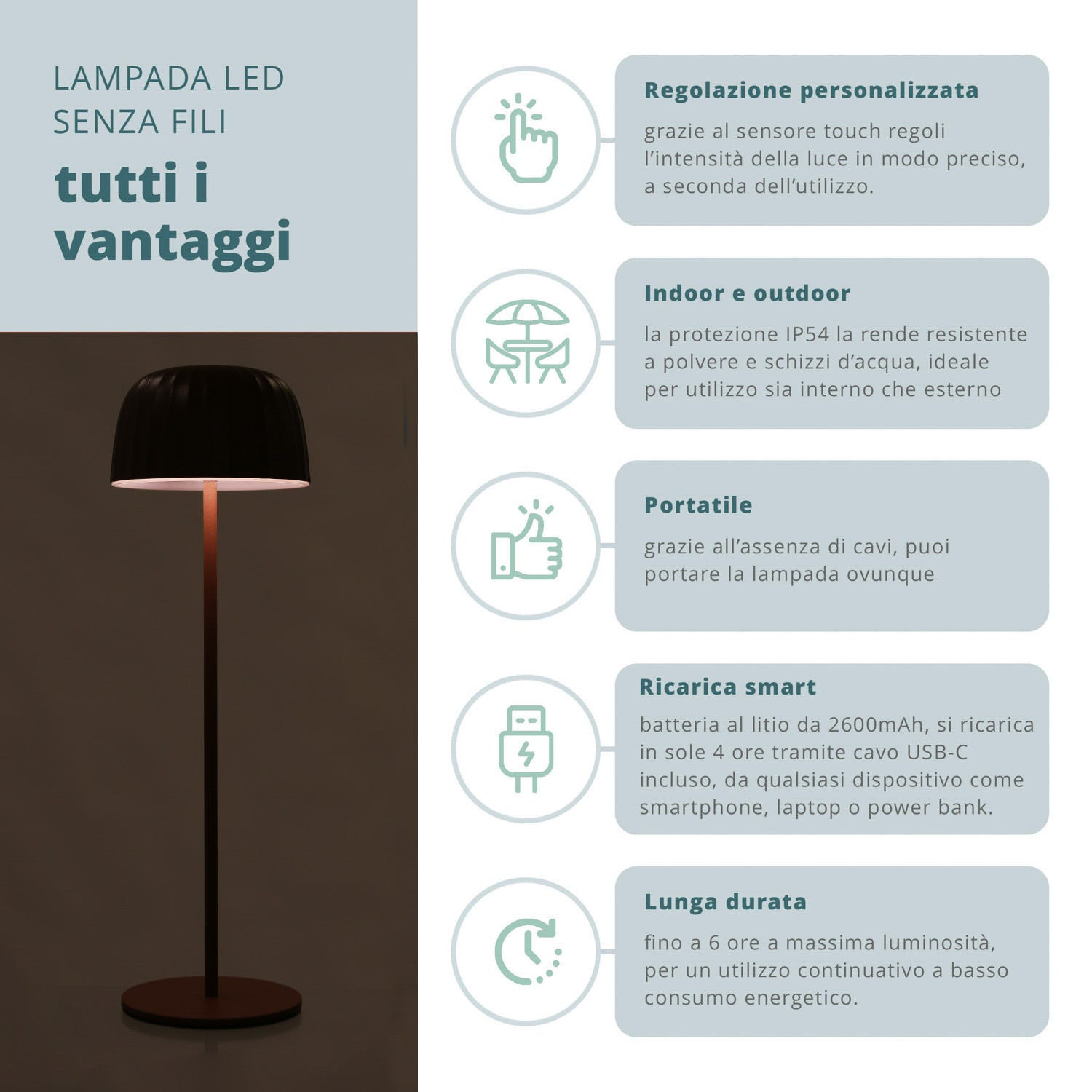 Lampada da tavolo touch ricaricabile marrone 35 cm