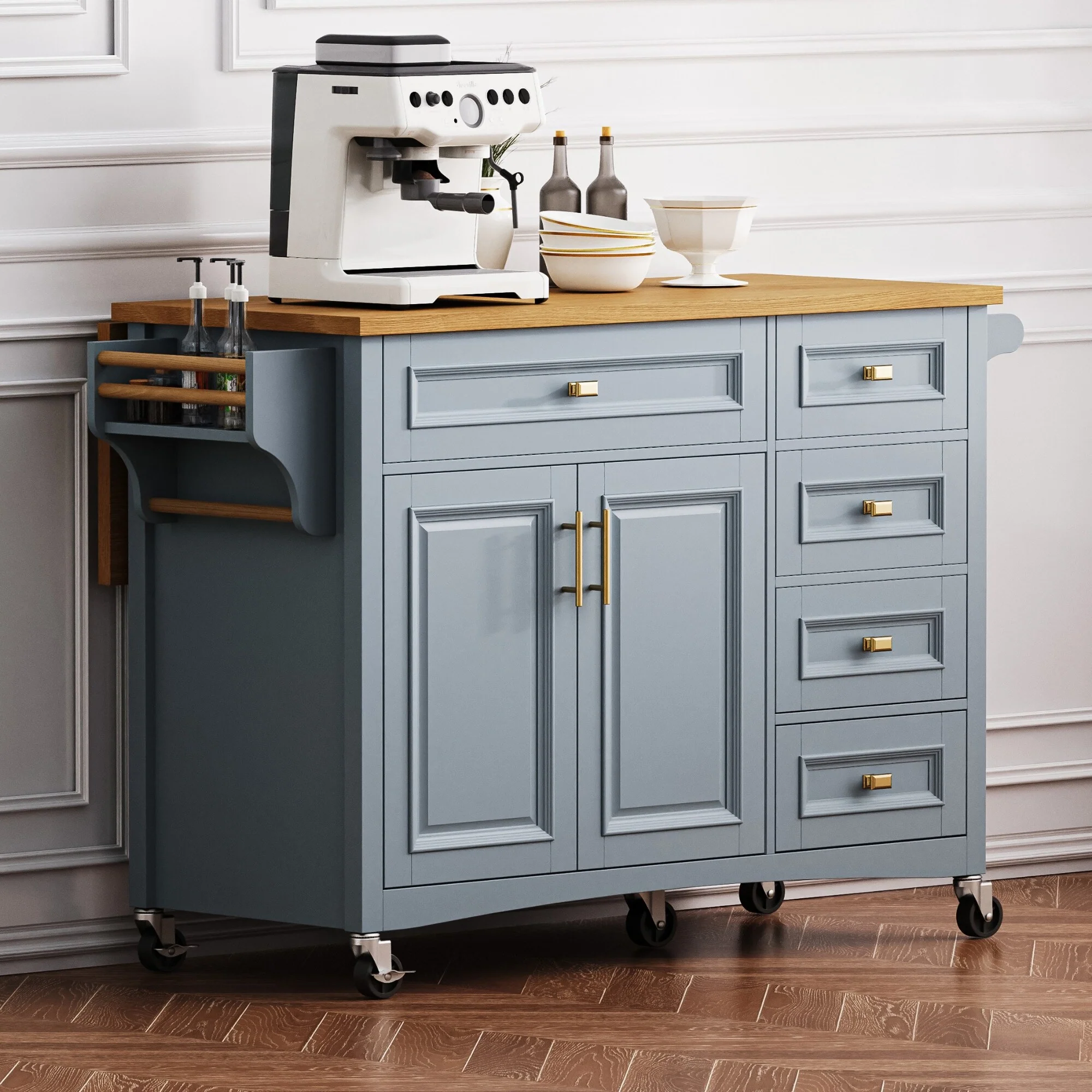 52 Rolling Kitchen Island Cart, Embossed Texture Kitchen Island on Wheels, Kitchen Storage Cart with Drop Leaf