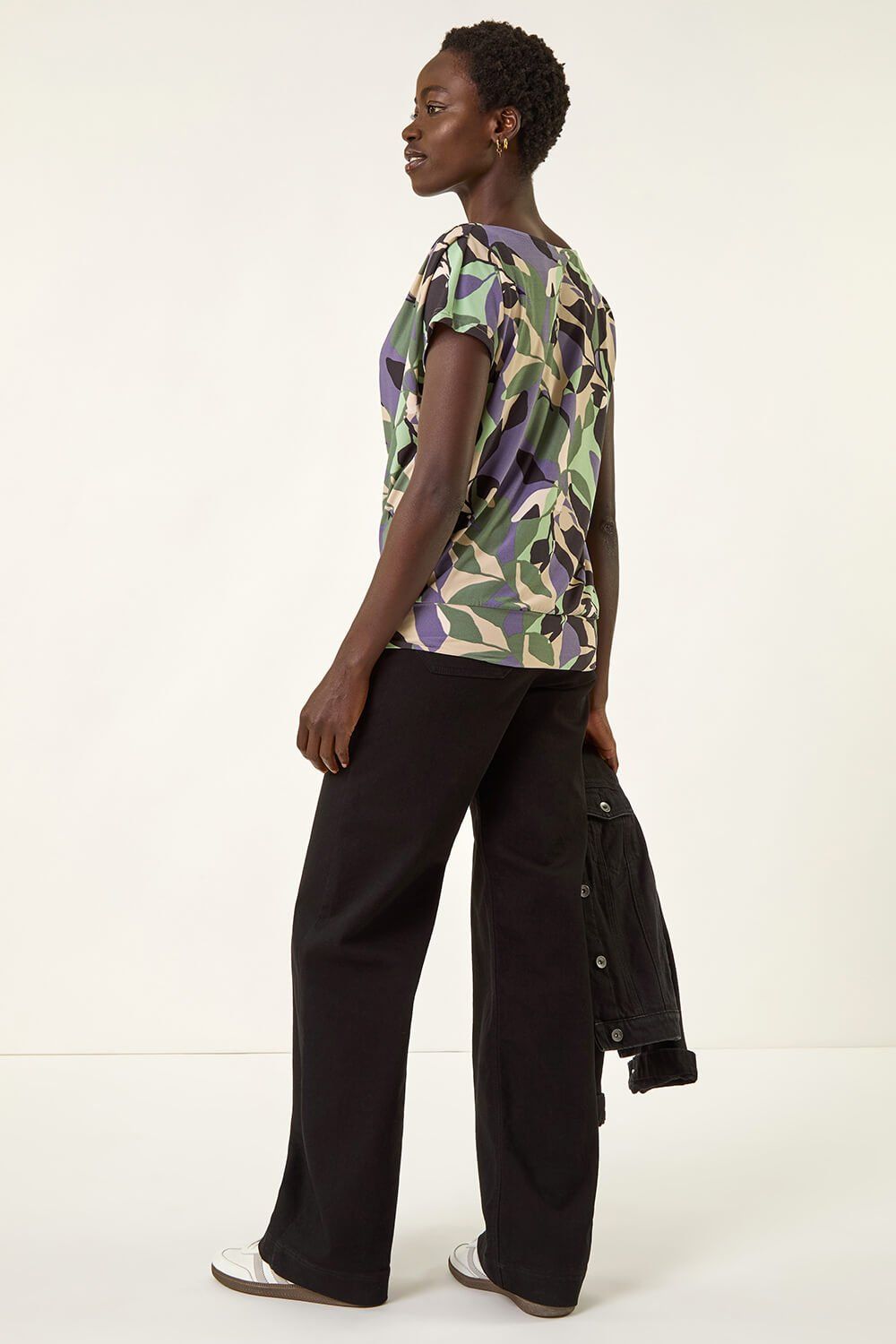 Roman Geometric Leaf Print Cowl Neck Top