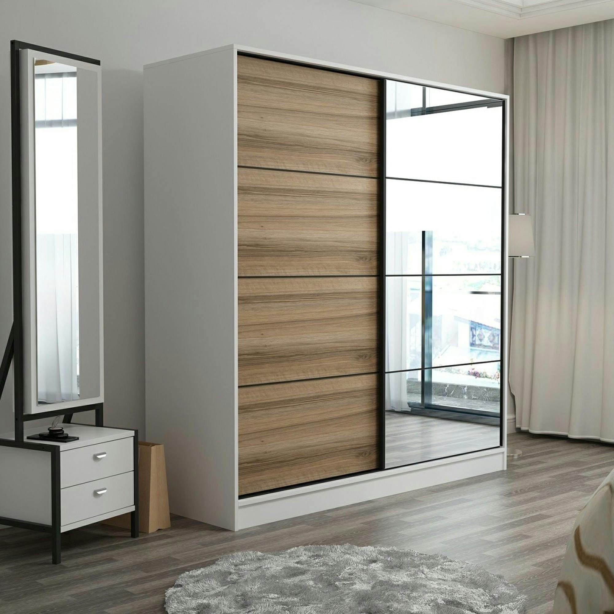 Armoire penderie blanche, porte effet bois et miroir BYRON