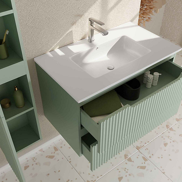 Meuble et colonne de Salle de Bains LEON 80cm Vert Olive - Façades Ondulées - Vasque Blanche Mate
