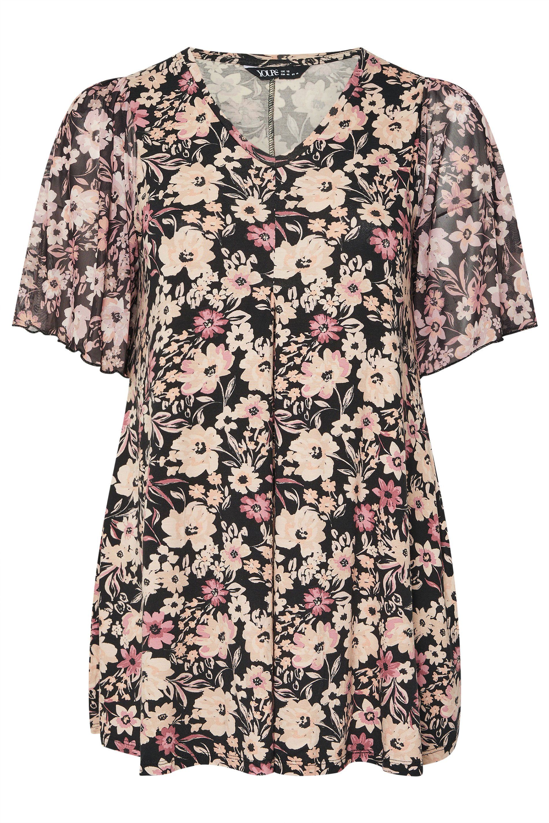 Yours Floral Mesh Sleeve Pleated Top