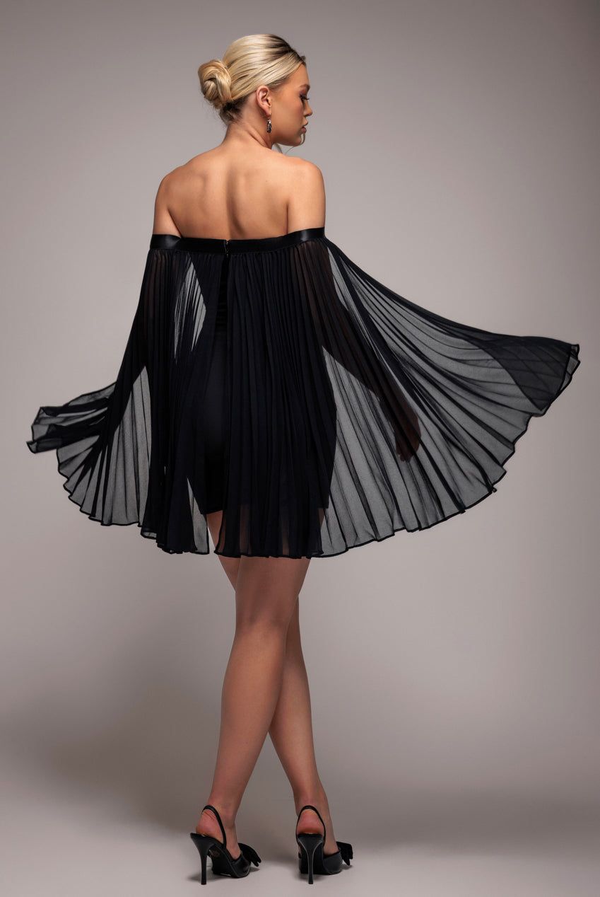 Goddiva Strapless Mini Dress With Pleated Chiffon Cape