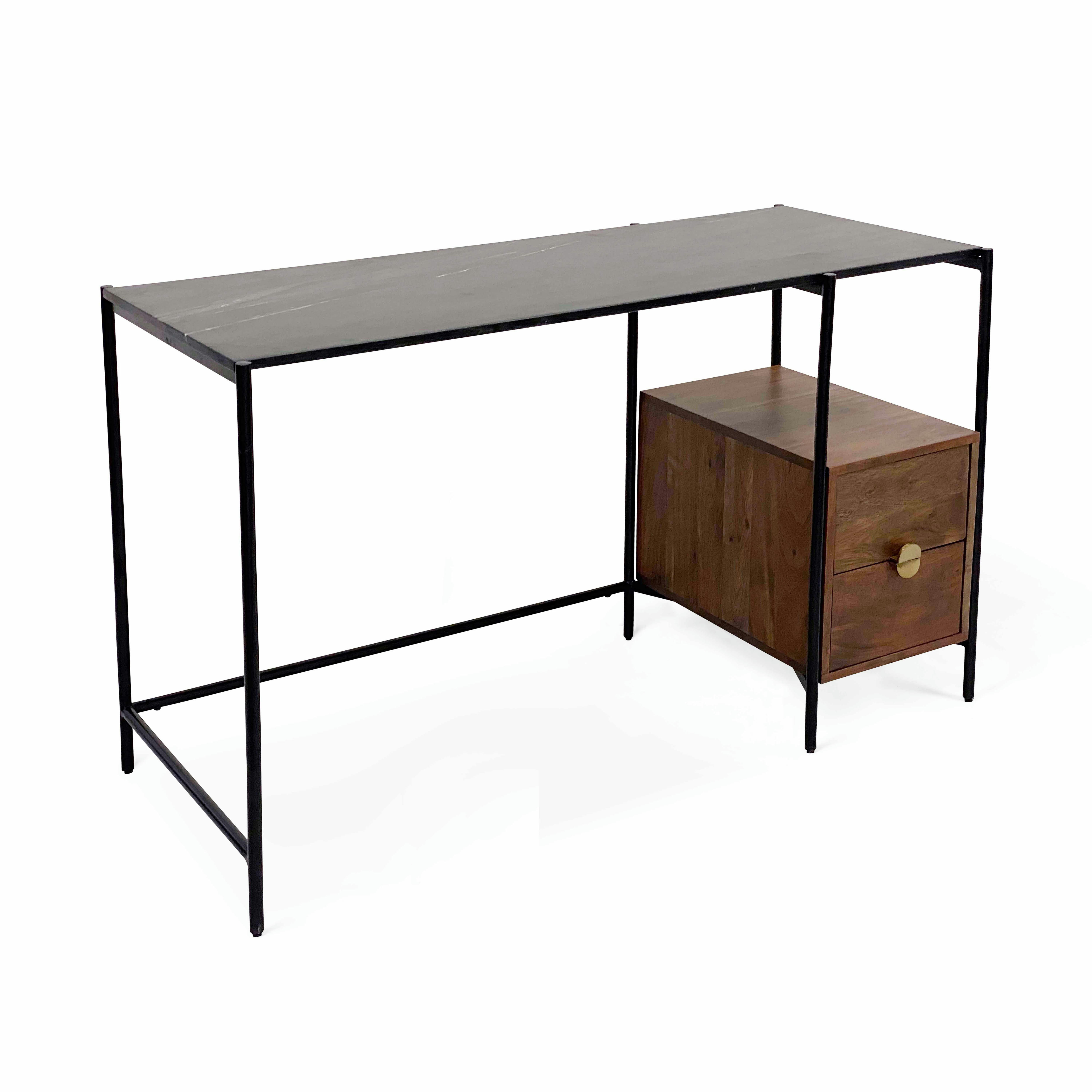 MONA - Bureau en marbre avec caisson de rangement en acacia massif