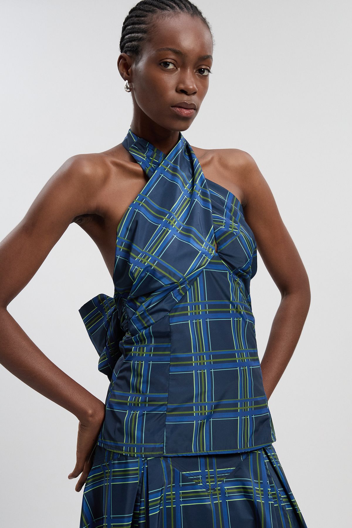 KarenMillen Check Taffeta Cross Front Halter Neck Blouse With Bow Detail