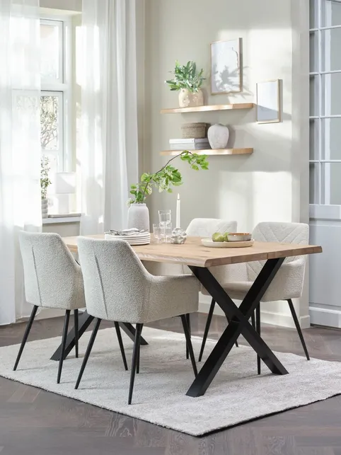 ROSLEV L160 bord natur eg + 4 PURHUS stole råhvid
