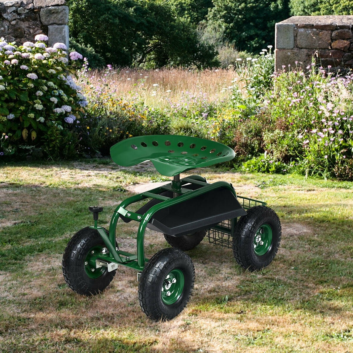 Rolling Garden Cart Wagon Scooter with Knob Handle and 4 Wheels