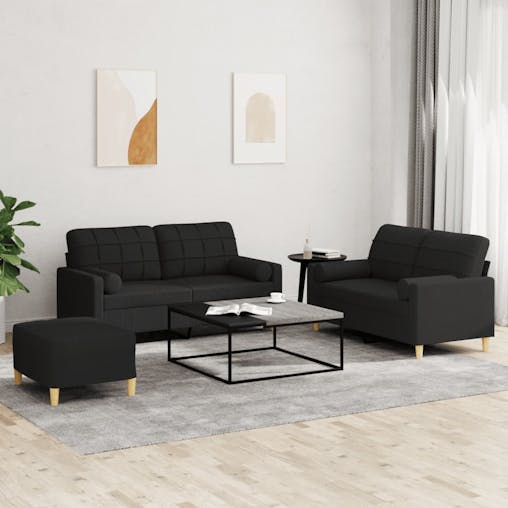 NNEVL 3 Piece Sofa Set with Pillows Black Fabric