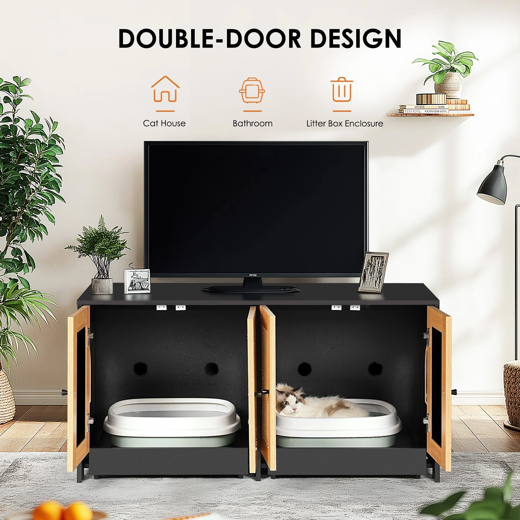 Double Litter Box Enclosure,Cat Litter Box Enclosure for 2 Cats,Hidden Box Furniture,Rattan Doors,47 L x 19.8 W x 21.8 H
