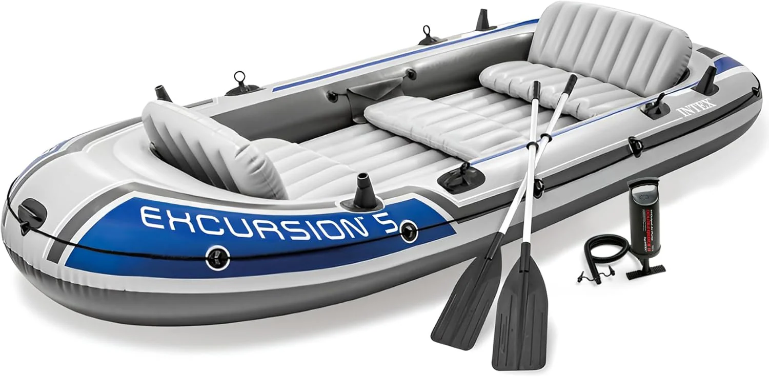 Excursion Inflatable Boat Series: Includes Deluxe 54in Boat Oars and High-Output Pump �C SuperTough PVC �C Adjustable Seats with Backrest �C Fishing Rod Holders �C Welded Oar Locks(5-Person)