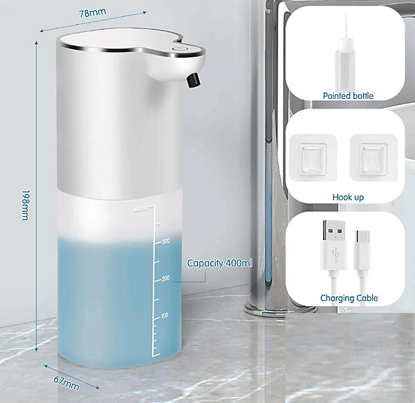 BASHLWUA Distributeur de savon automatique suspendu, distributeur de savon automatique rechargeable de 400 ml, 4 niveaux réglables