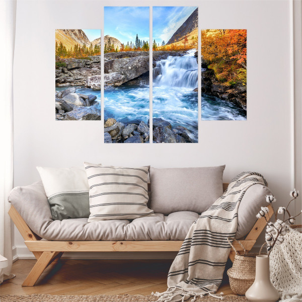 Obraz Tetraptyk Wodospad i Jesienny Krajobraz 80x60cm