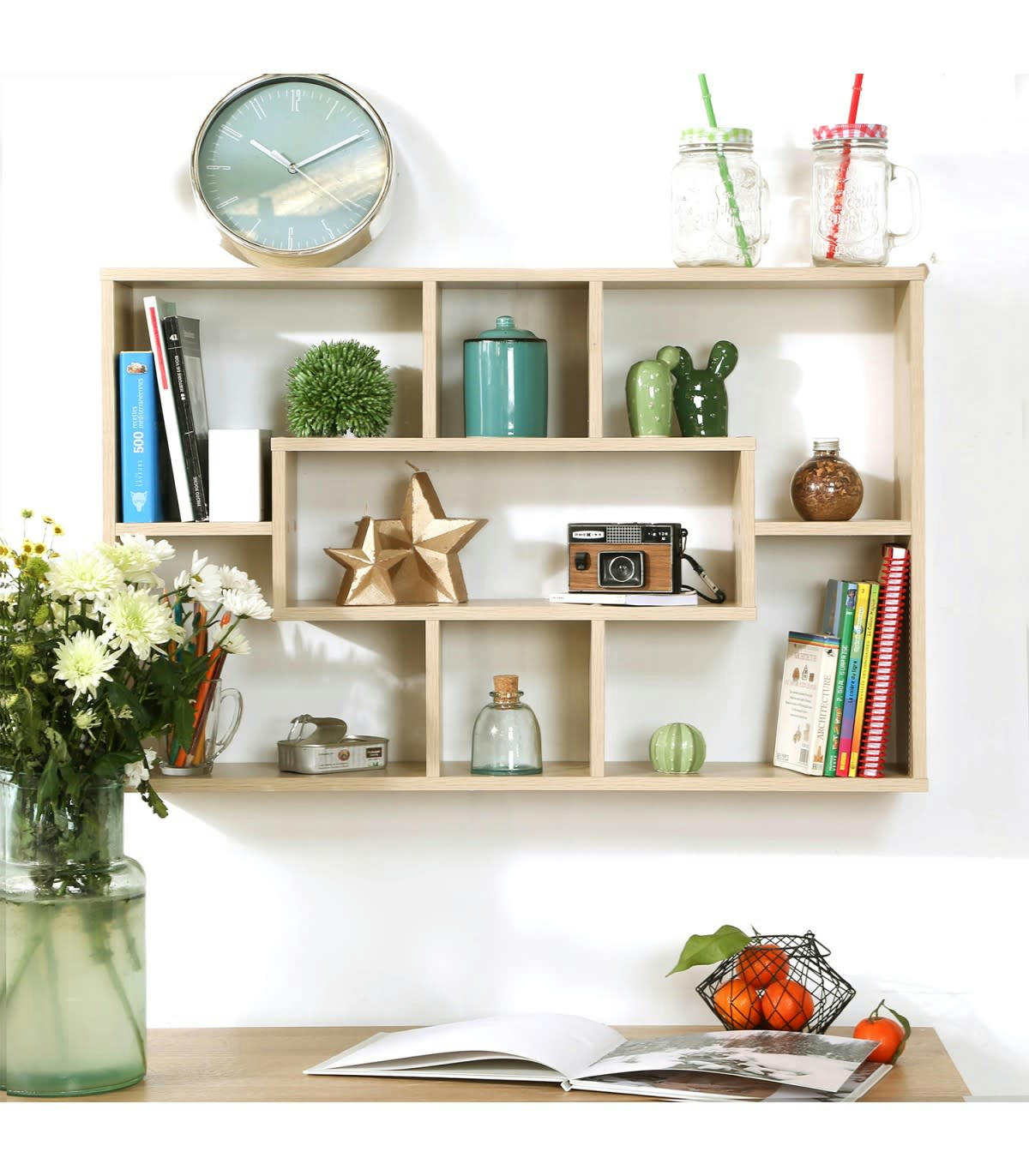 - Étagère Murale Rectangulaire 7 Niches décor Bois - L76 x H48cm