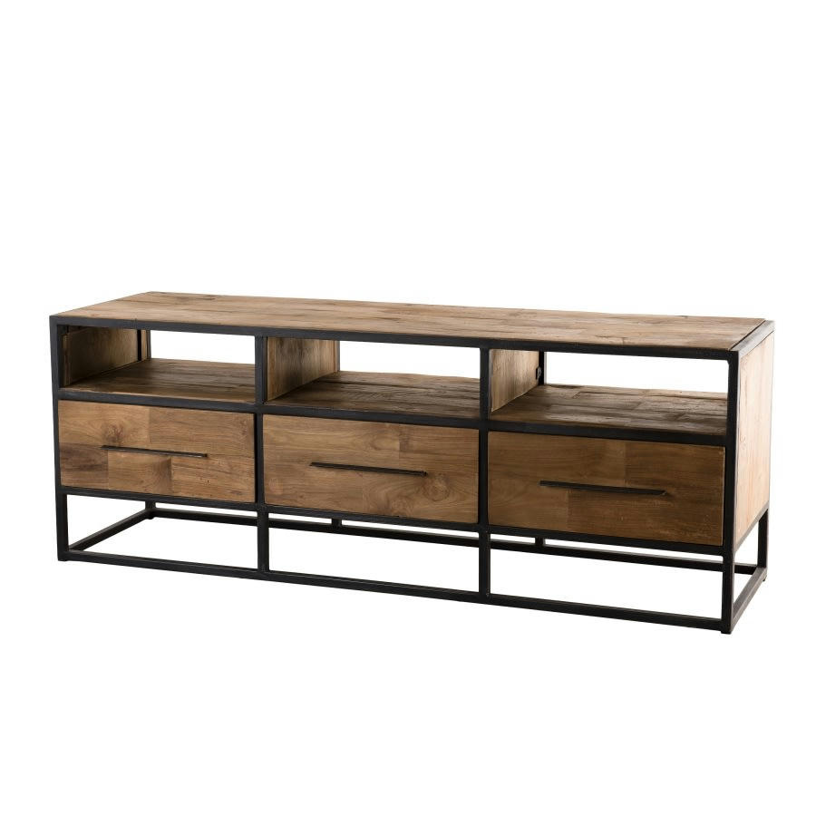ALIDA - Meuble TV 3 niches 3 tiroirs en teck recyclé et métal noir