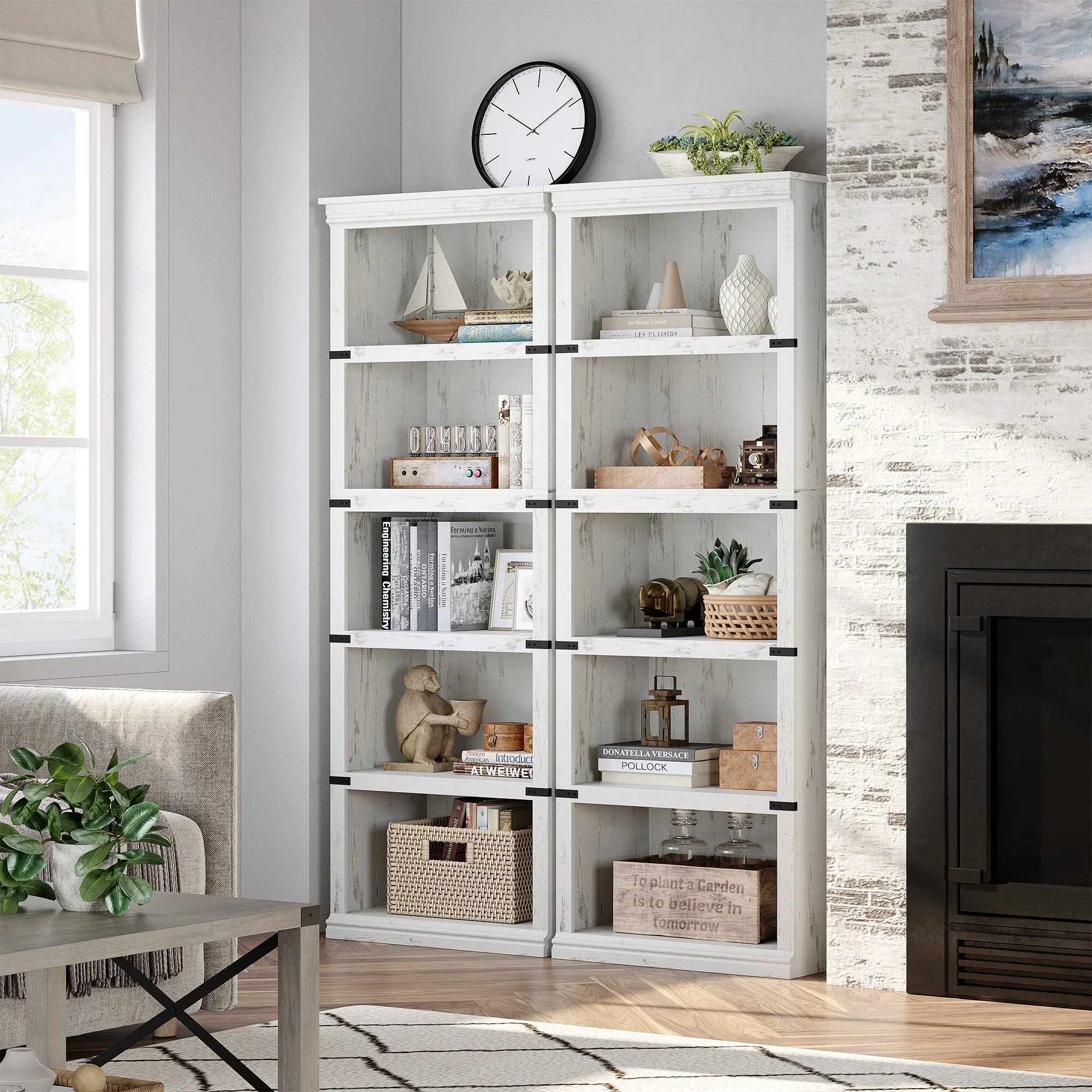 5 Tier Bookcase, Farmhouse Book Shelf with Storage Open Display Bookshelves