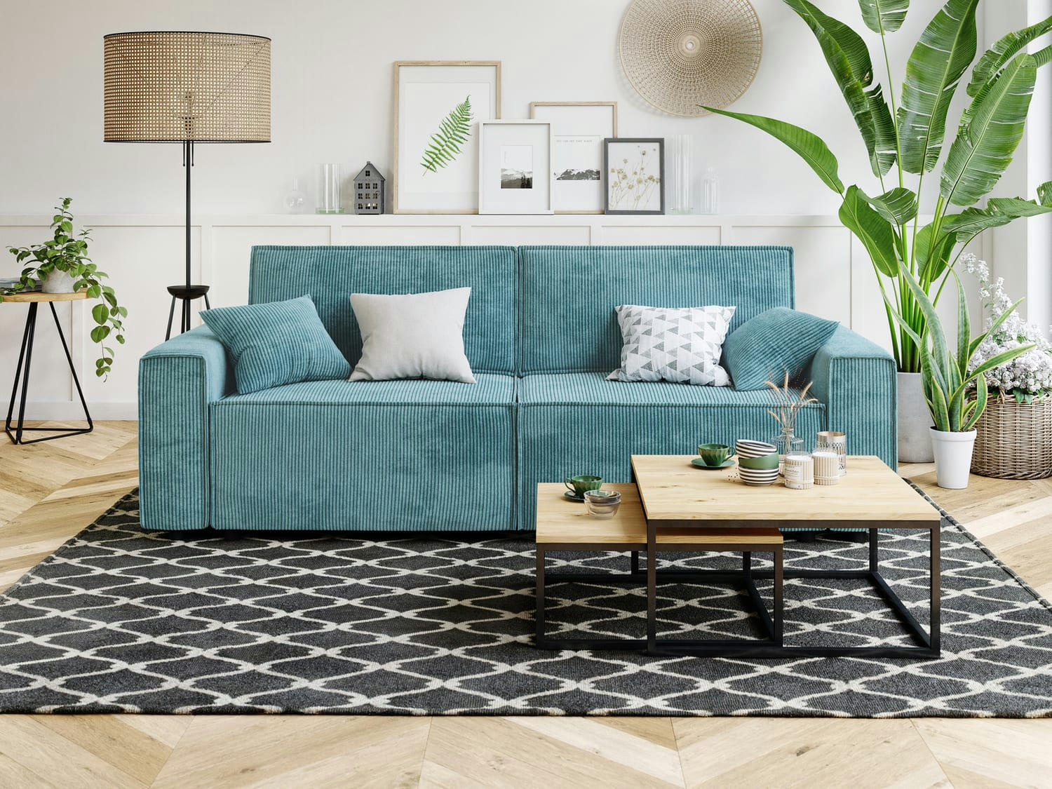 MIRA - Canapé droit convertible en velours côtelé 3 places bleu