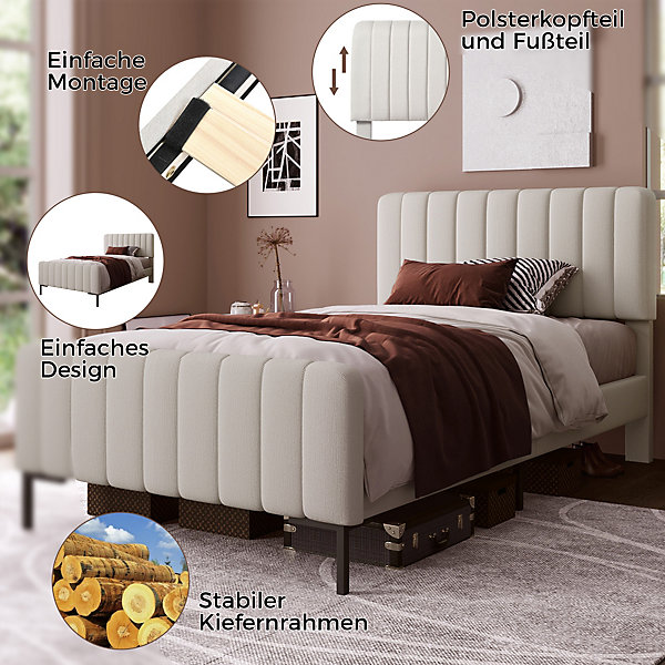 Lit simple 90x200 cm - Lit rembourré avec tête de lit capitonnée - Lin - Matelas Inclus - Gris-Beige