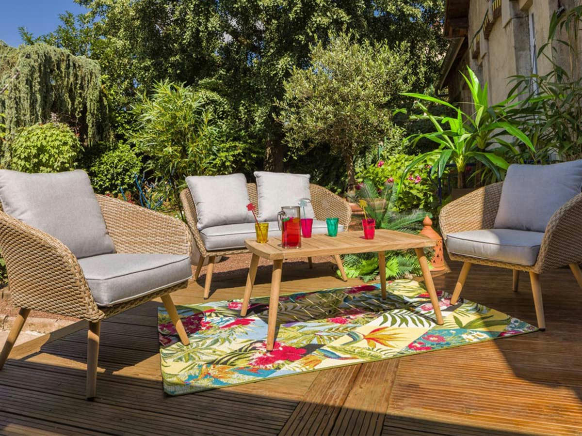 KOHTAO - Salon de jardin 4 places en bois et résine tressée gris