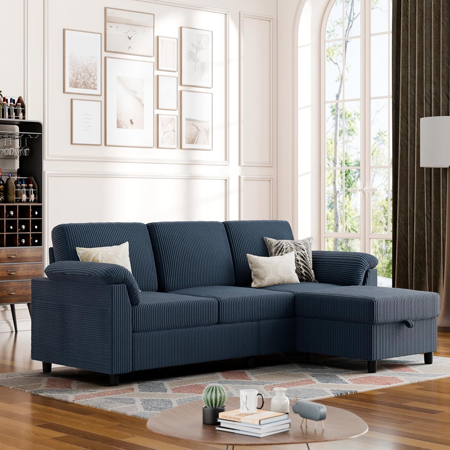 Vongrasig Convertible Sectional Sofa Couch, 3 Seat L Shaped Sofa with Removable Pillows Soft Corduroy Fabric Small Couch Mid Century for Living Room, Apartment and Office, Dark Blue