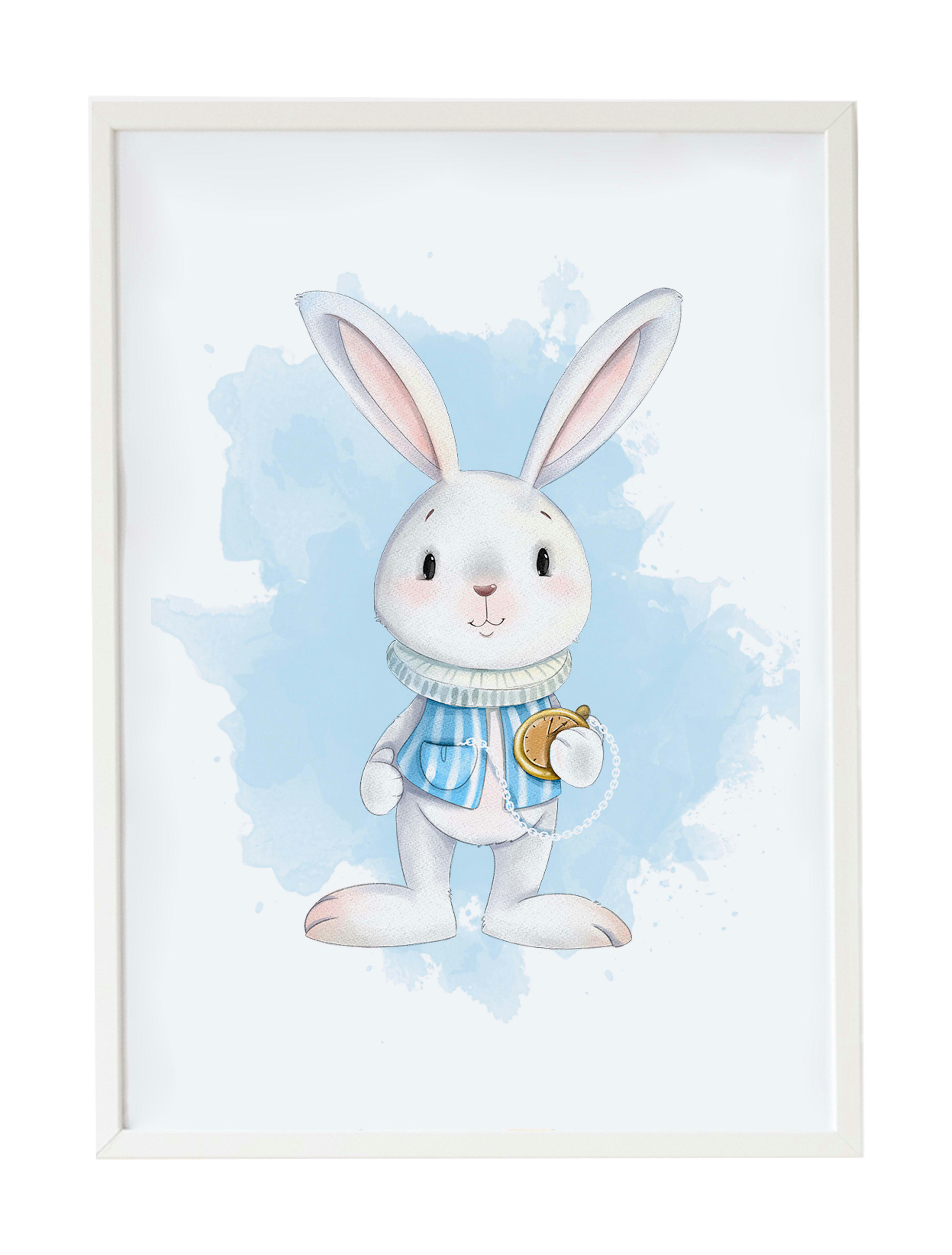 DECOWALL - Impression lapin horloge encadrée en bois blanc 43X33 cm