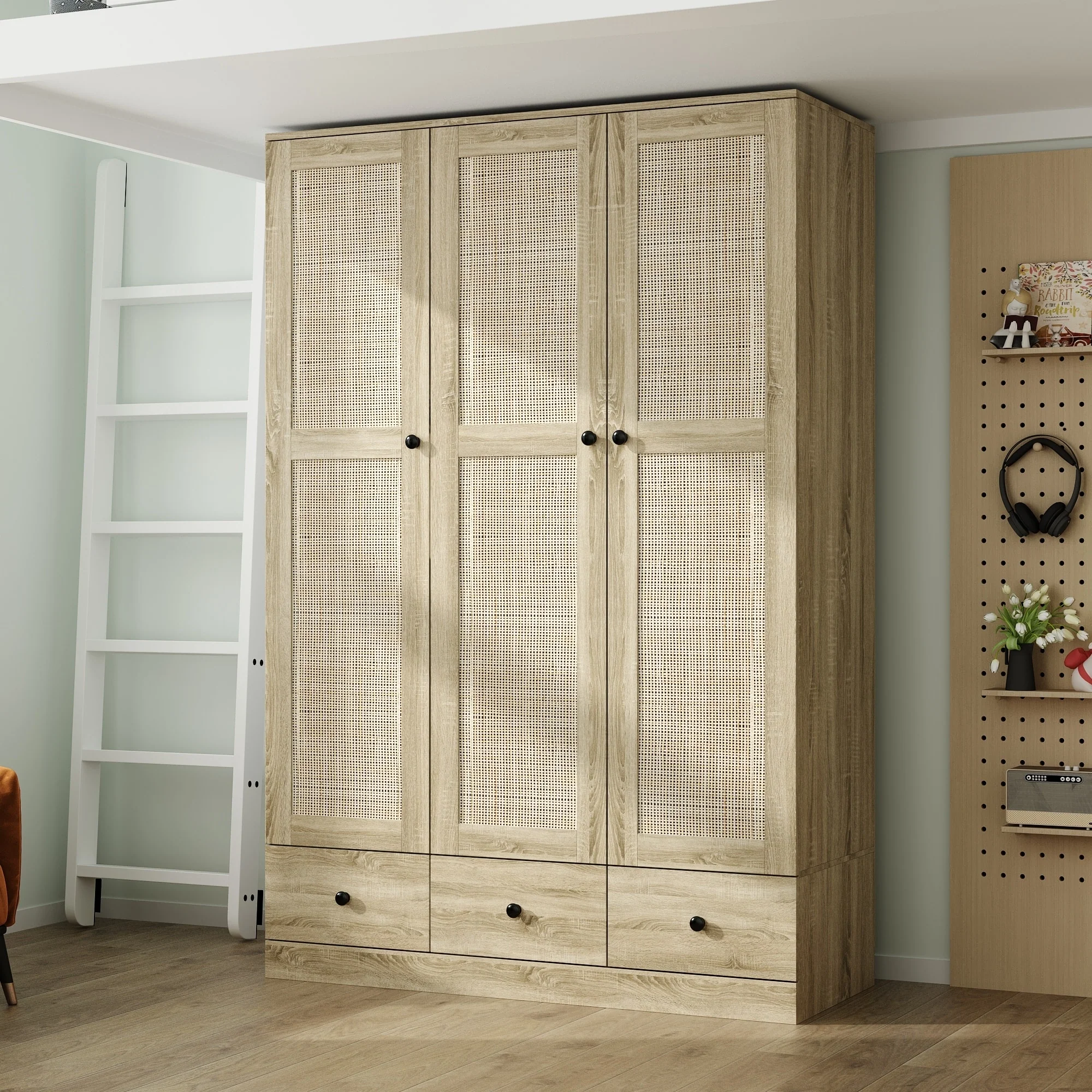 Large Storage Wardrobe Versatile Rattan Door Closet with Deep Drawers