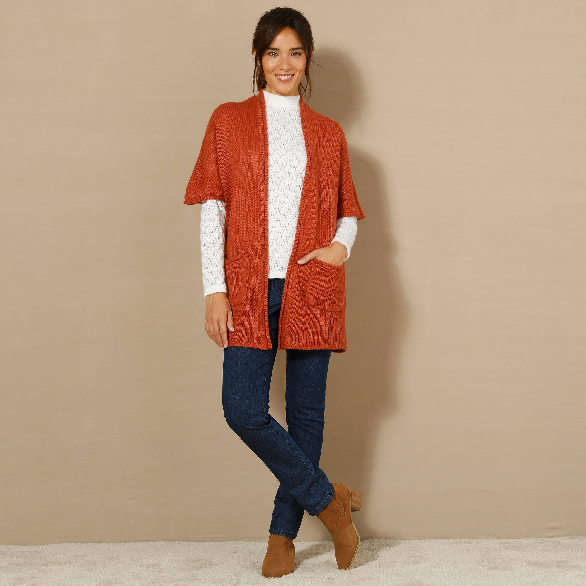 Gilet long ouvert manches courtes toucher doux