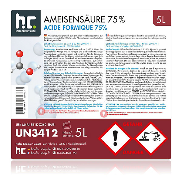 Acide Formique 75 % 1 x 5 L, Puissant Nettoyant Technique Pour Détartrage, Décapage Et Traitement Du Cuir