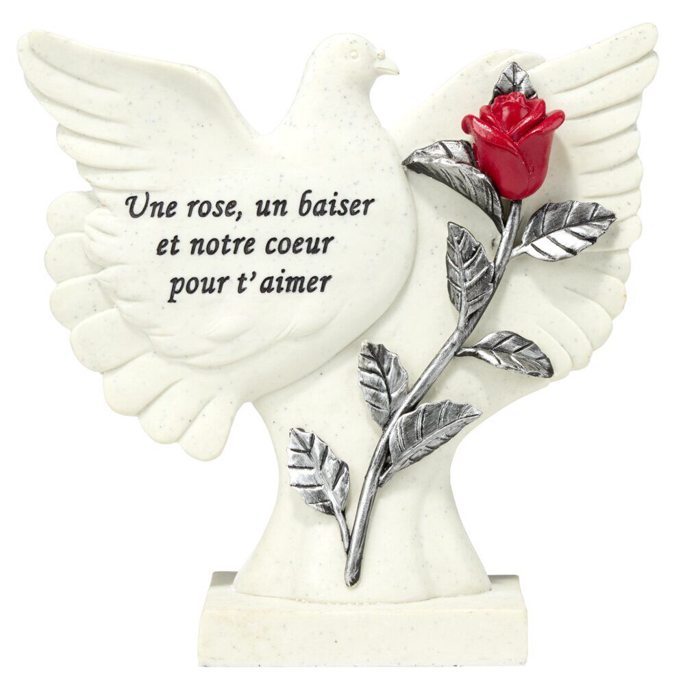 Plaque funéraire inscription oiseau et fleur rose rouge résine blanc 21,5x9xH23cm