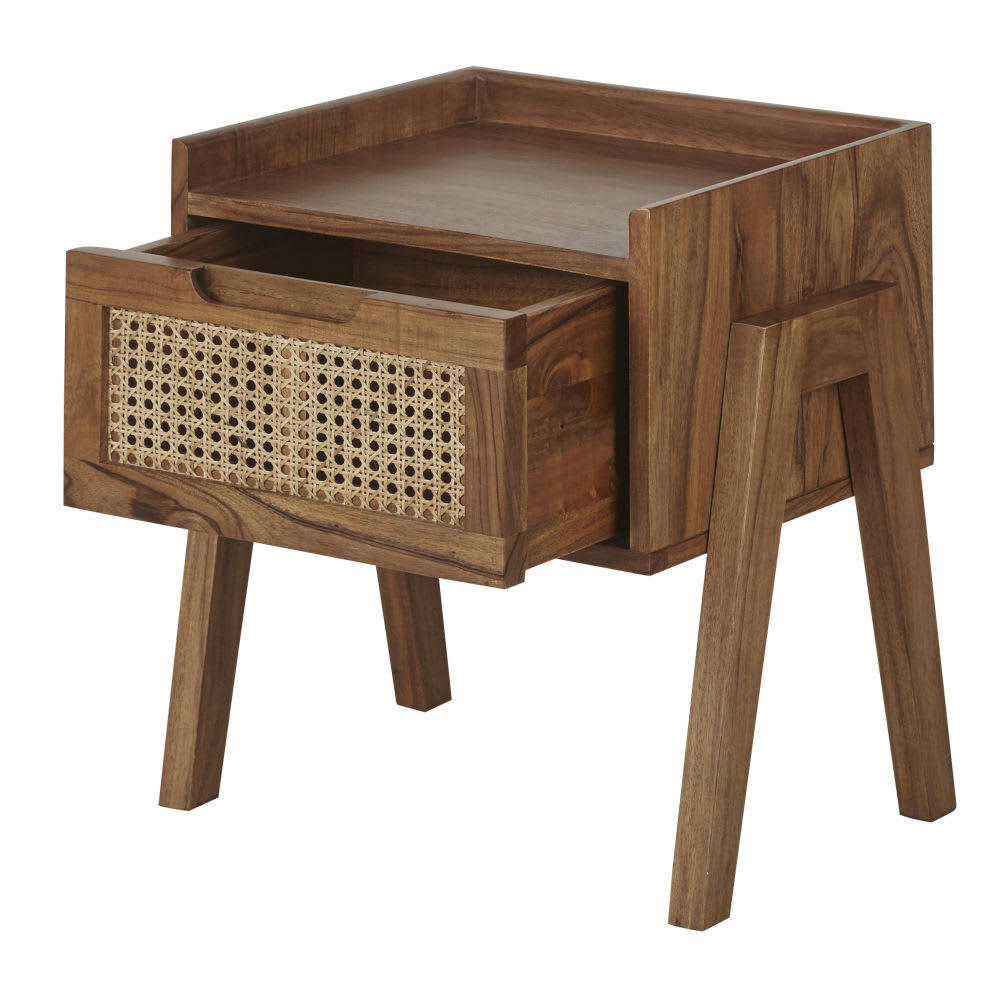 Santa Fe - Table de chevet 1 tiroir en bois d'acacia massif et cannage en rotin