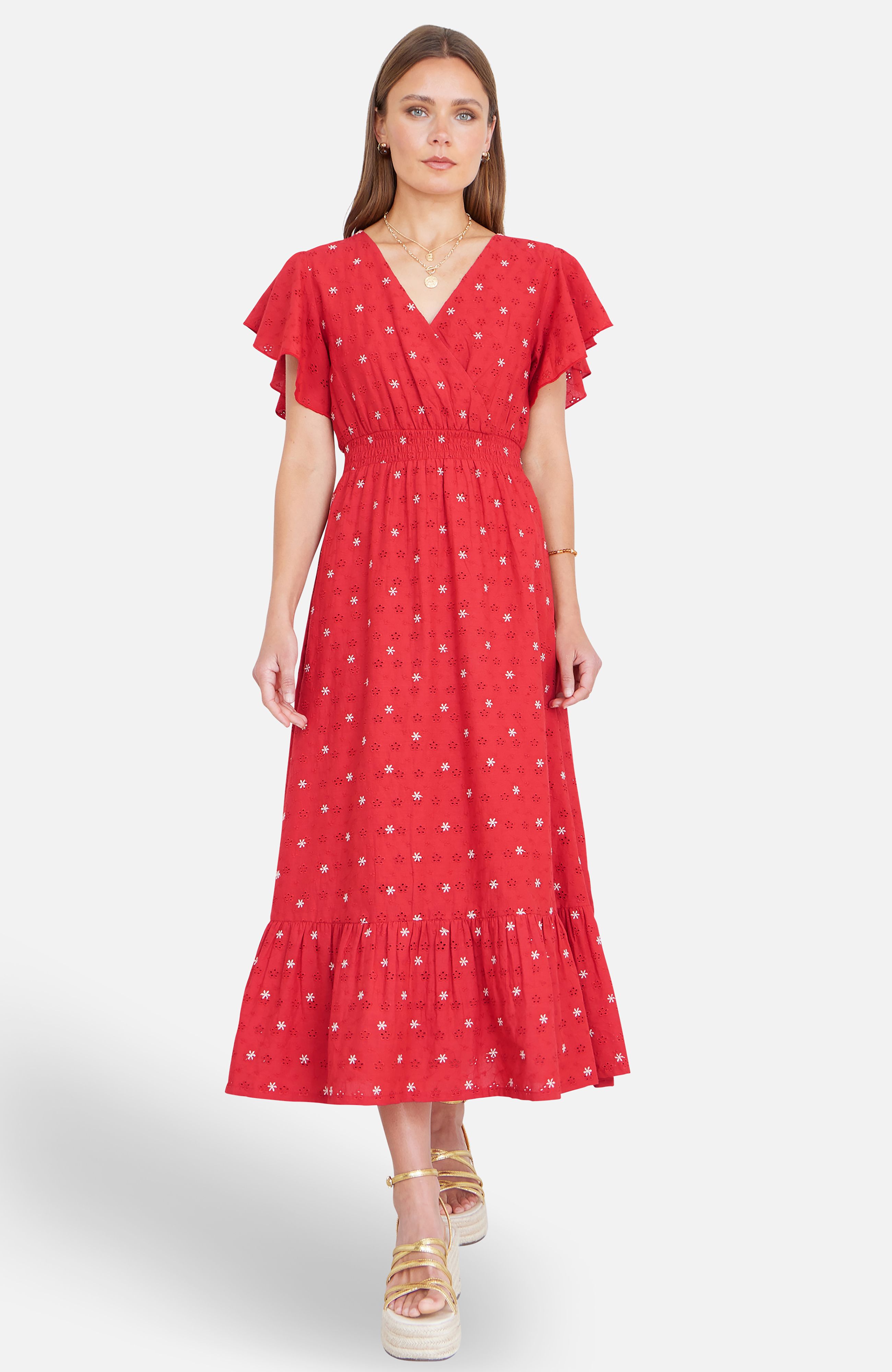 Yumi Broderie Anglaise Wrap Midi Dress With Flower Embroidery