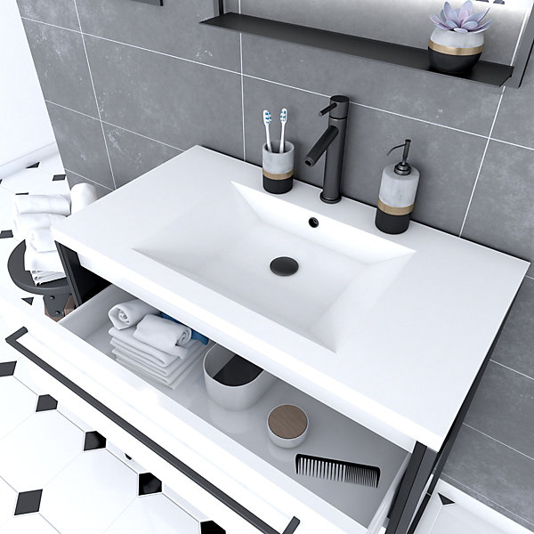 Pack meuble de salle de bain 80x50 cm NOIR MAT - 2 tiroirs blanc - vasque blanche   miroir LED
