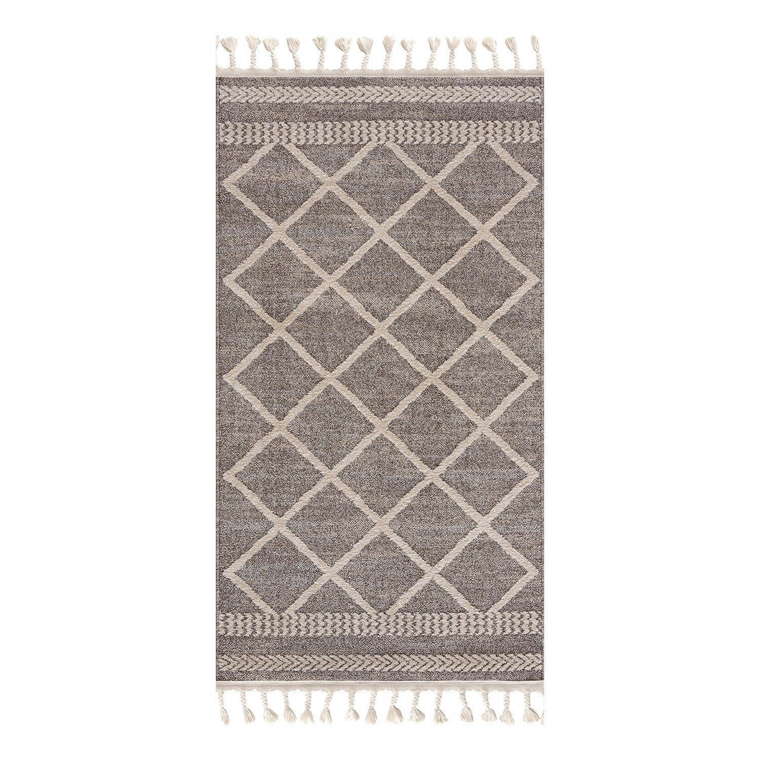 FLÄT - Tapis géométrique à franges tressées mocca et crème 80x300cm