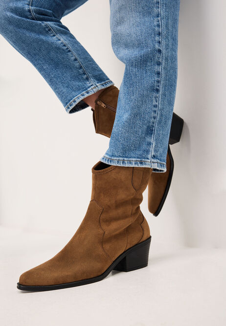 Womens Light Brown Faux Suede Western Ankle Boots