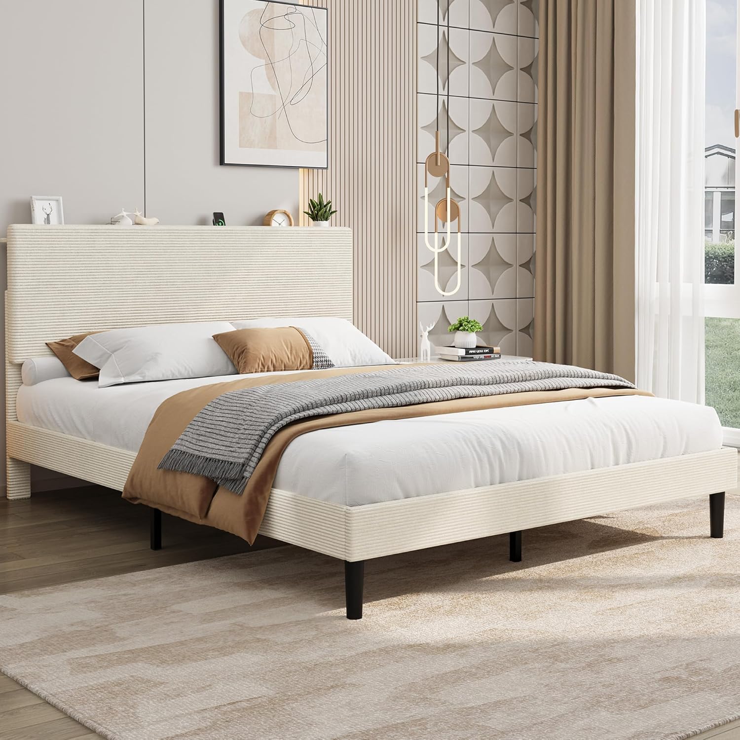 Garvee Queen Size Bed Frame with USB Charging Station, Corduroy Upholstered Platform Bed Frame with Adjustable Storage Headboard, Wooden Slats Support, No Box Spring Needed, Easy Assembly, Beige