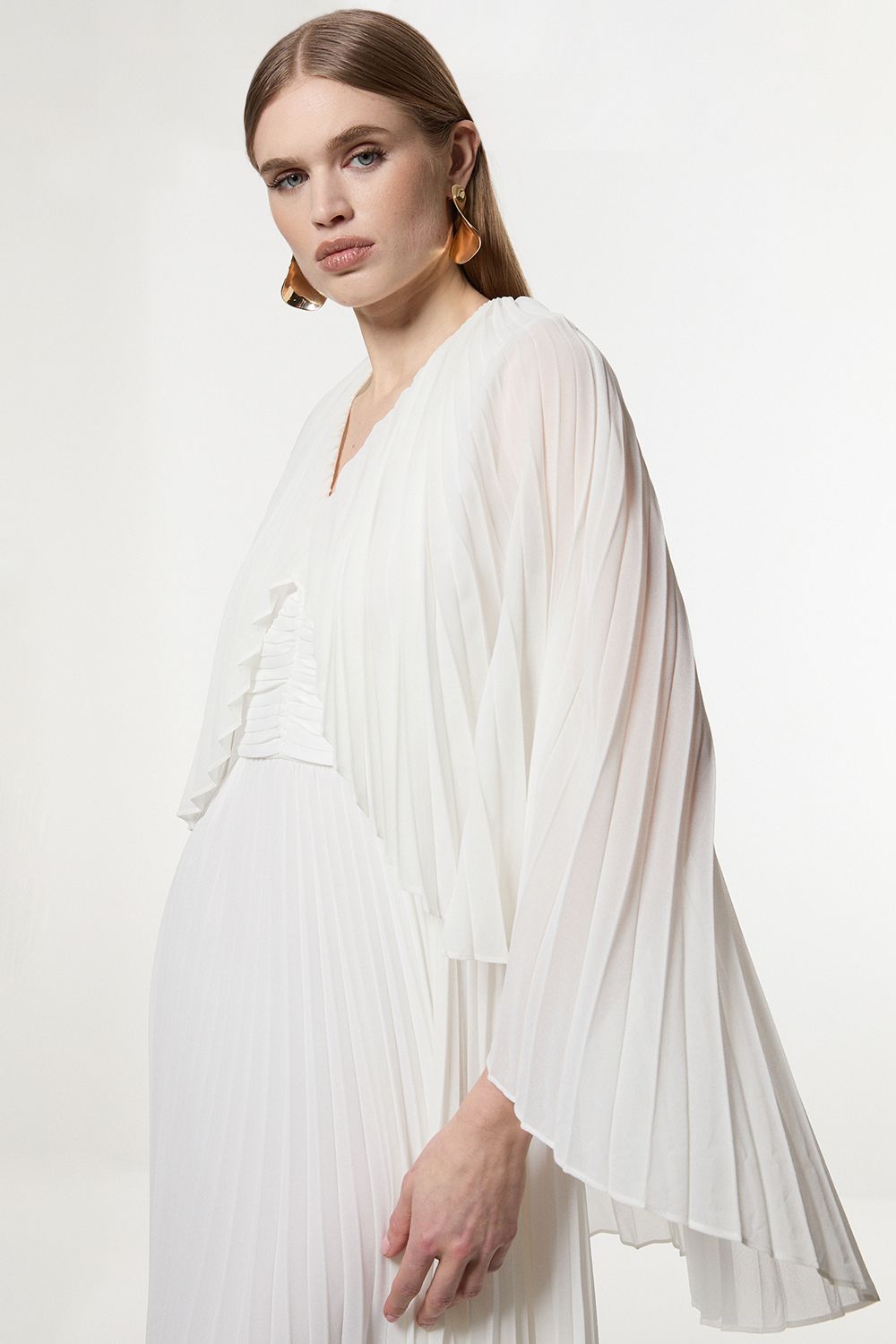KarenMillen Petite Pleated Cape Sleeve Plunge Neck Maxi Dress