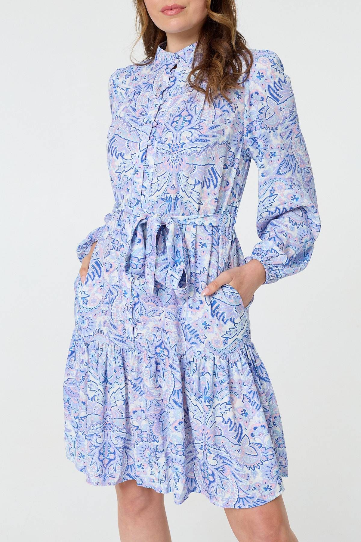 Izabel London Printed High Neck Short Shirt Dress