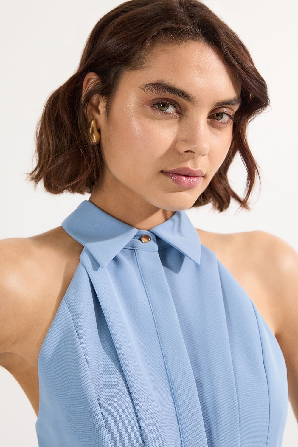 KarenMillen Twill Contrast Collar Woven Halter Neck Midi Dress