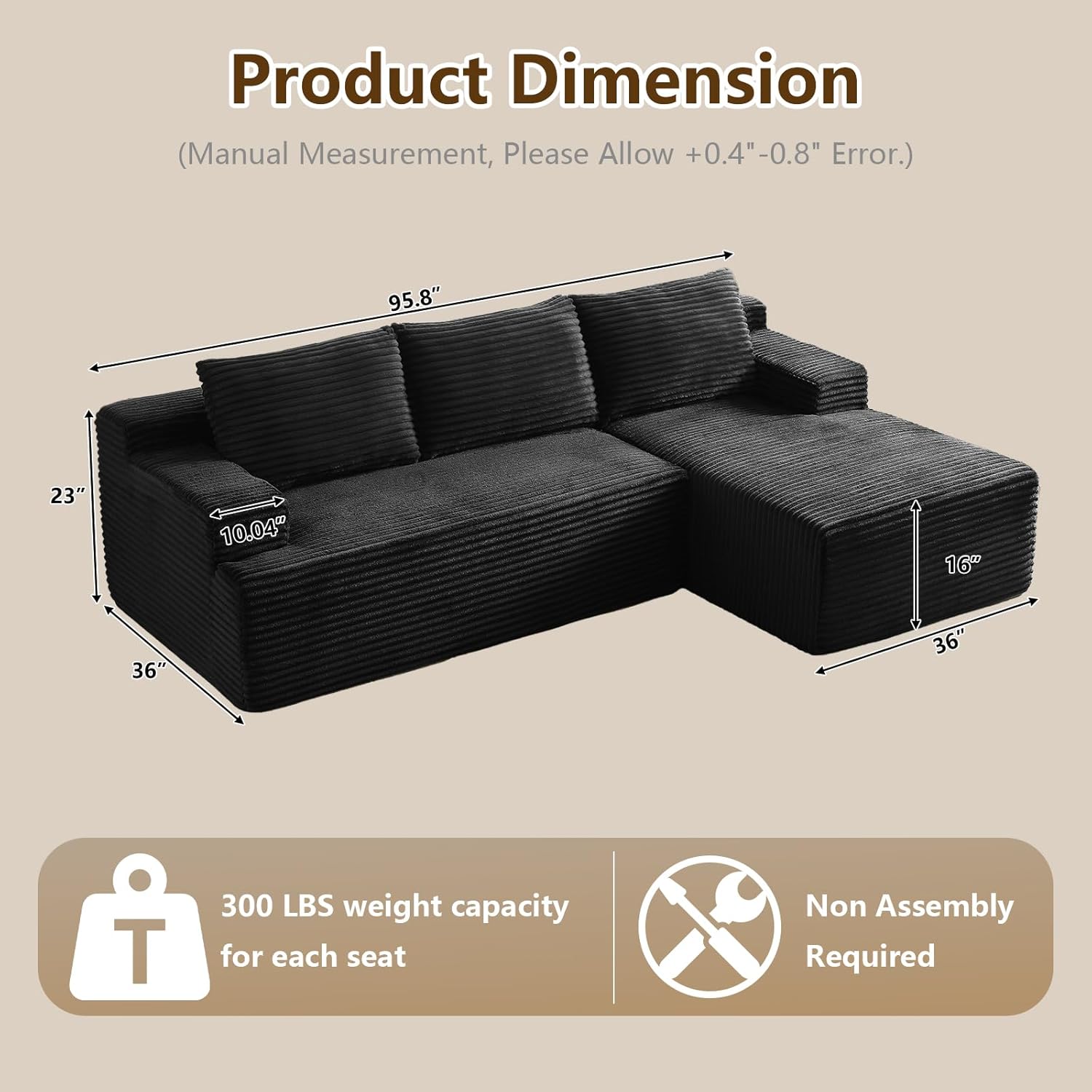96 Modular Sectional Sofa Couches L-Shape Couch 3 Seat Modular Sofa Corduroy Memory Foam Sectional Boneless Couches for Living Room, Cloud Couch with Oversized Chaise(Black, Right Facing)