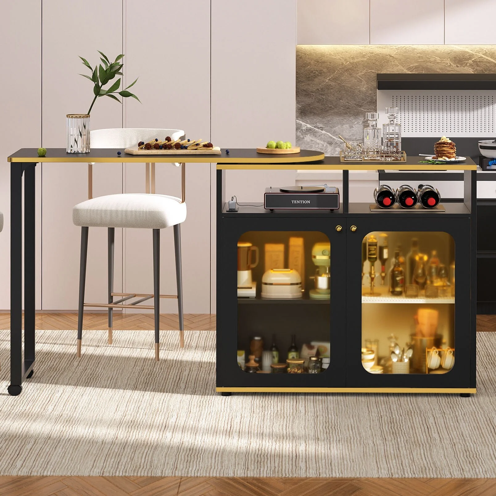 Folding Kitchen Island with Cabinet, Reversible Counter Table with Charge Station