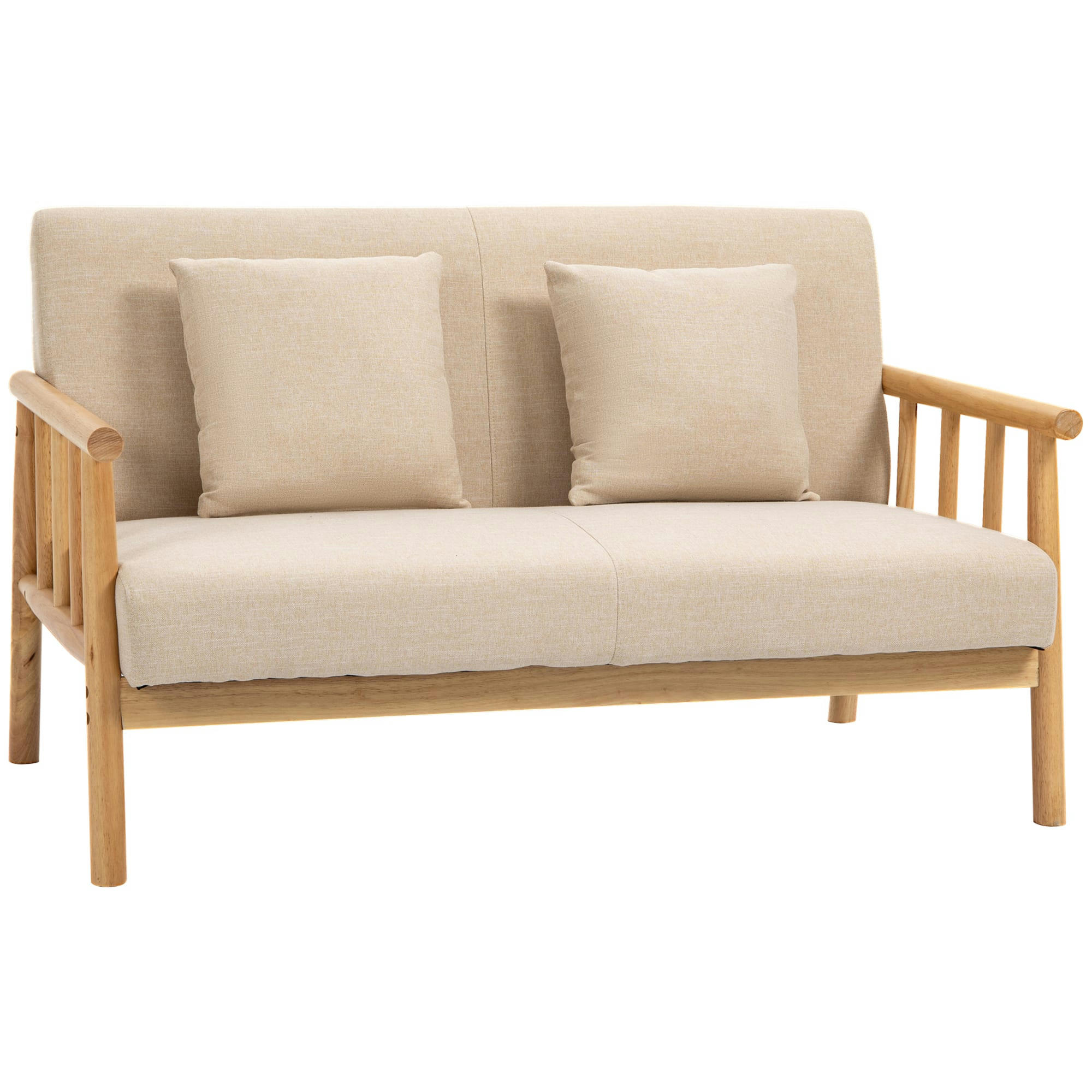 - Canapé lounge 2 places avec coussins - bois hévéa aspect lin beige