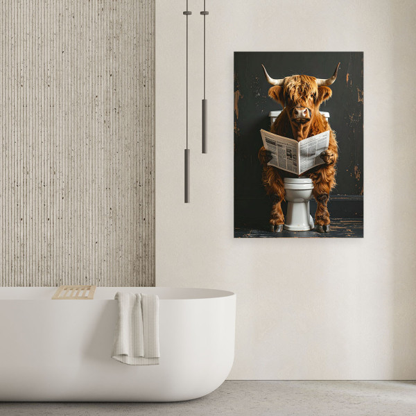 Obraz nowoczesny do łazienki wc pokoju humor, Krowa szkocka 20x30