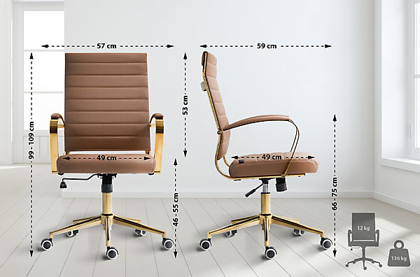 Chaise bureau ergonomique cuir synthétique Havanna, réglable hauteur, piètement doré, pivotant à 360 degrés Marronclair