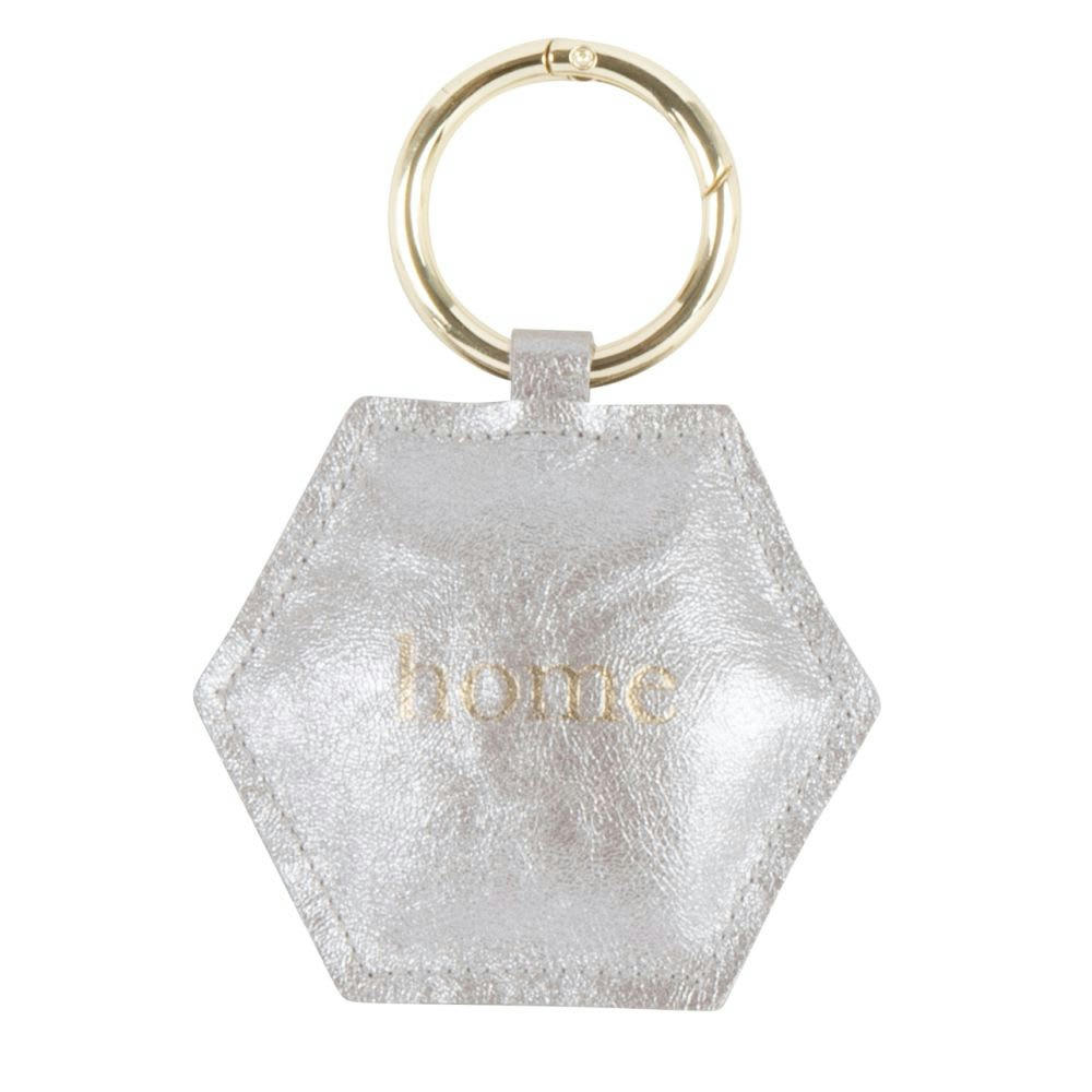 FAMILY - Porte-clés hexagonal en cuir argenté et inscription dorée