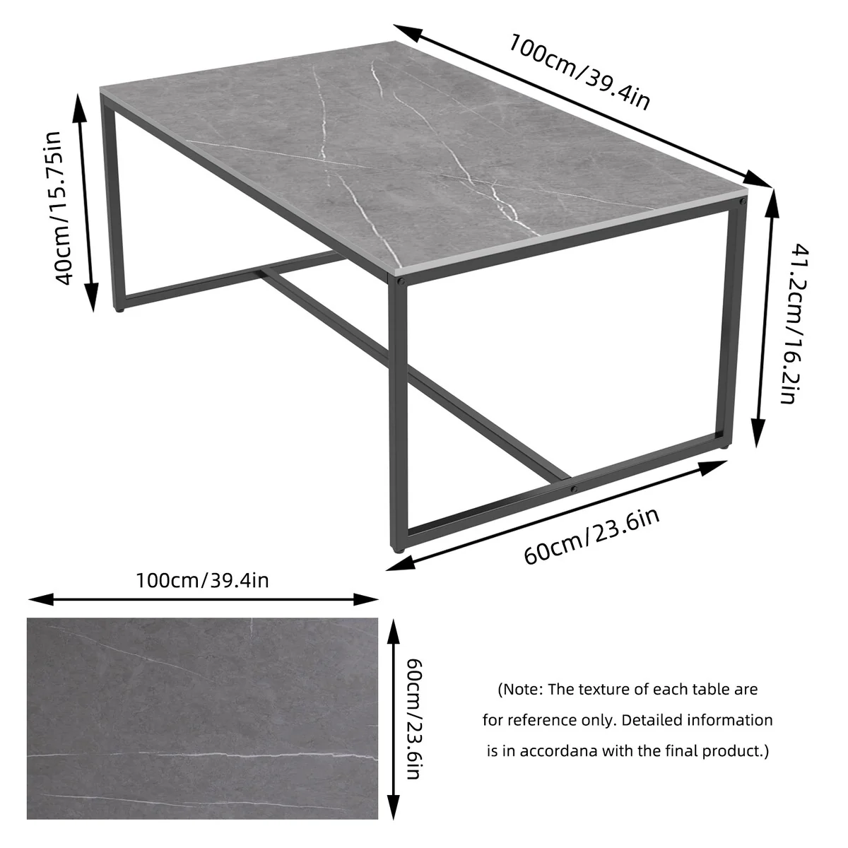 Rectangle Coffee Table Sintered Stone Table for Living Room Office - 39.4x23.6x16.9 inch