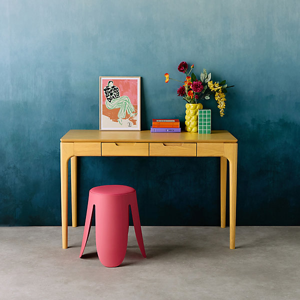 Bureau bois d'hévéa placage frêne 2 tiroirs naturel- L 120 x l 60 x H 76 cm - Alienor