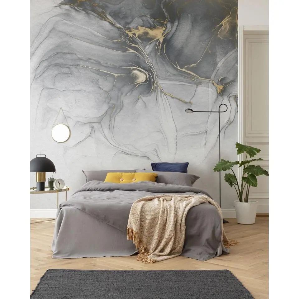 Sanders & Sanders fotobehang aquarel grijs en goud - 300 x 280 cm